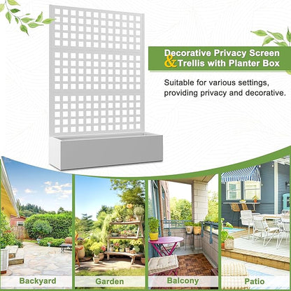 FENCY Metal Raised Garden Bed with Trellis, Metal Planter Box with Trellis, Garden Box for Climbing Plants Vegetable, 47''Lx16''Wx71''H Garden Bed with Drainage Holes(White)