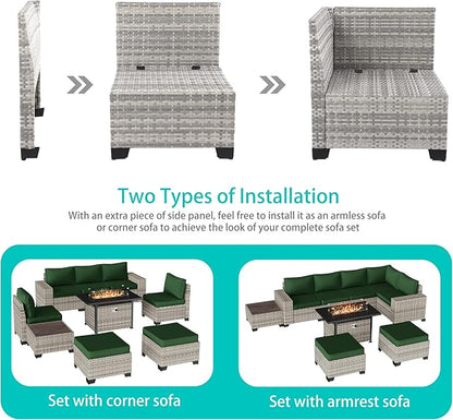 9-Piece Outdoor Patio Furniture Set with 55,000 BTU Fire Pit Table, PE Wicker Rattan Sectional Sofa Patio Conversation Set with Ottomans & Coffee Table, Green