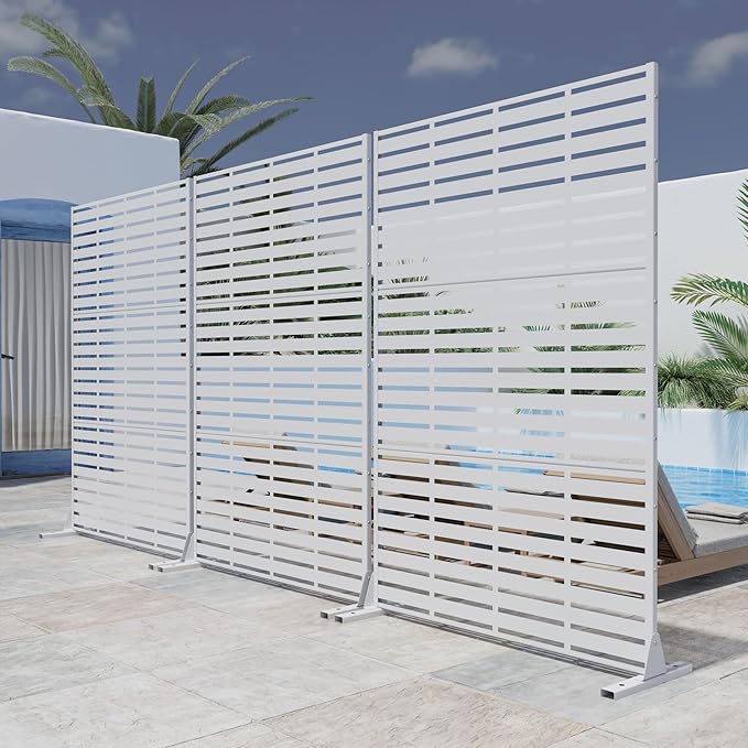 Casaphoria Metal Privacy Screen Outdoor, 72" H x 47" W Freestanding Decorative Privacy Screen for Patio Deck Balcony Garden with Stable Base, White-Adrian
