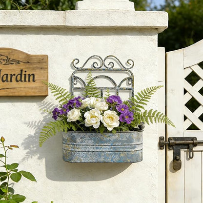 Rustic Metal Wall Planter Vintage Wall Mounted Flower Pot Distressed Wall Hanging Plant Basket Farmhouse Wall Decor for Indoor Outdoor Garden Home Yard (Gray)