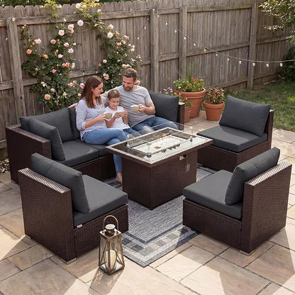 NICESOUL 7 Piece Large Size Outdoor Patio Furniture Set with Fire Pit, 29.3'' High Back Deep Seat Sectional Conversation Sets, Heavy Duty Modern Backyard Sitting, Brown Rattan and Dark Grey Cushion