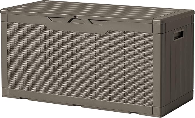 Deck Box with 97 Gallon Capacity, Brown Resin Storage Bench