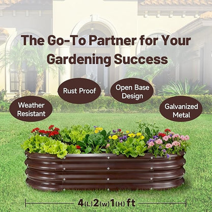 GOOZOO 2PC Galvanized Planter Raised Garden Bed, 4x2x1ft Raised Garden Bed Kit for Gardening Outdoor, Oval Metal Land Planter Box for Vegetables, Fruits, Flowers（Brown）