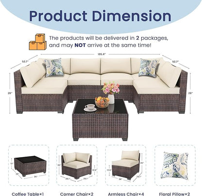 Outdoor Patio Furniture Set with 28'' Fire Pit Table, 8 Pcs Outdoor Patio Furniture Conversation Sets with 4in Thicken Cushion, Wicker Outdoor Sectional for Backyard, Garden, Balcony,Deck, Brown/Beige
