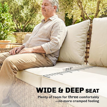 Outsunny Outdoor Patio Couch with Wide and Deep Seat, 3 Seater Wicker Outdoor Sofa with Wide Metal Armrests, Patio Furniture Couch with Cushions for Porch, Garden, Backyard, Beige | Removable Covers