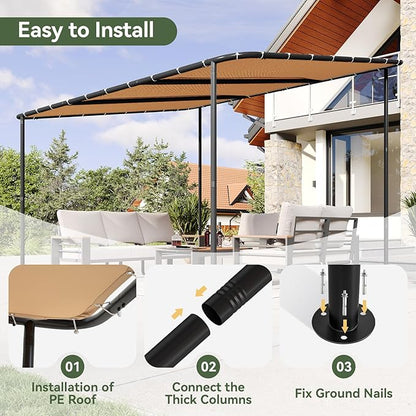 Aoxun 10x12 Lean to Gazebo Outdoor Pergola with Water Resistant & UV-Resistant, Wall-Mounted Canopy Sloped Roof Awning for Patio Backyard, Deck, or Garden Khaki