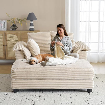 VINGLI 56" Oversized Chaise Lounge Chair, Beige Comfy Corduroy Chaise Sofa Recliner Bed Upholstered Sleeper Couch Bed with Throw Pillows and Armrests for Living Room, Movie Room, Bedroom