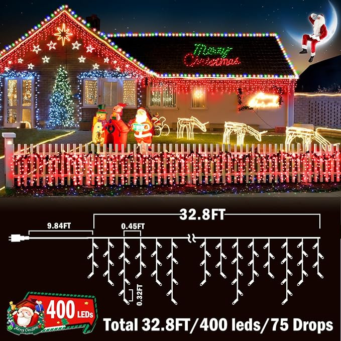 String Lights with 400 LEDs, 33 ft Red Outdoor Christmas Decor, 8 Modes