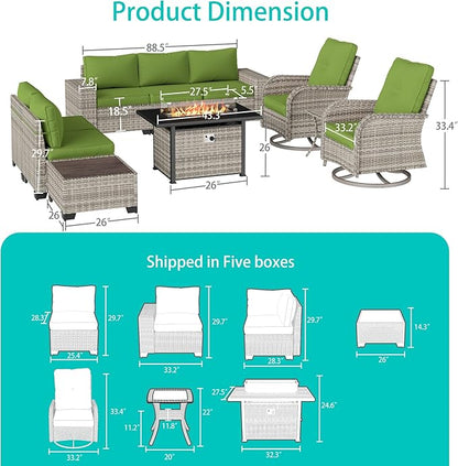 10-Piece Outdoor Patio Furniture Set with Rocking Swivel Chair, PE Wicker Rattan Sectional Sofa Patio Conversation Set with 55,000 BTU Fire Pit Table & Coffee Table, Avocado Green