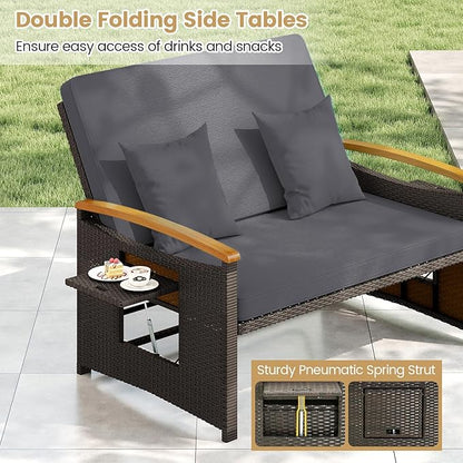 Tangkula Patio Rattan Daybed with 4-Level Adjustable Backrest, Outdoor Wicker Loveseat with Acacia Wood Armrest, Storage Ottoman & Folding Tray, Double Sunbed for Lawn Yard & Poolside, Grey & Brown