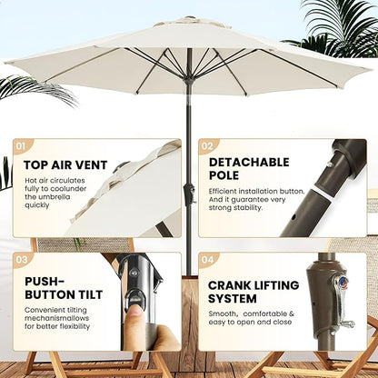 Ayge 9FT Large Outdoor Patio Umbrella Market Table Umbrella-UV Resistant, Easy Push Button Tilt and Crank, 8 Sturdy Fiberglass Ribs Heavy-Duty Pool Umbrella for Deck, Backyard,Garden,White