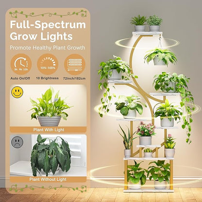 Plant Stand Indoor with Grow Lights - 62" Tall Plant Shelf, Lighted Corner Plant Stands for Indoor Growing, 8 Tiered Large Flower Holder, S-Shaped Plants Rack for Living Room, Bedroom, Faux Marble