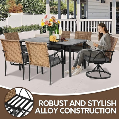 7-Piece Patio Dining Set for 6, Outdoor Dining Set with Wicker Swivel Patio Dining Chairs with Cushions & Black Rectangular Woodgrain Dining Table with 1.75”Umbrella Hole, Black & Brown