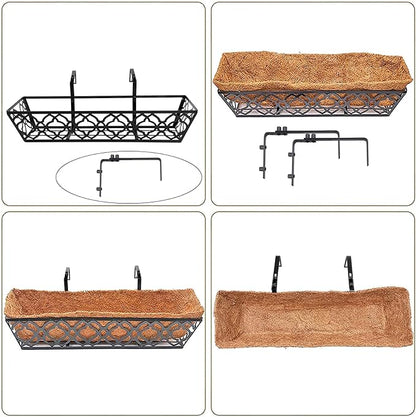 2pcs 24 Inch Window Deck with Coco Liner, 24" Window Boxes Horse Trough with Coconut Coir Liner, Metal Hanging Flower Planter Window Basket Deck Railing Planter Boxes for Outdoor Indoor Lawn