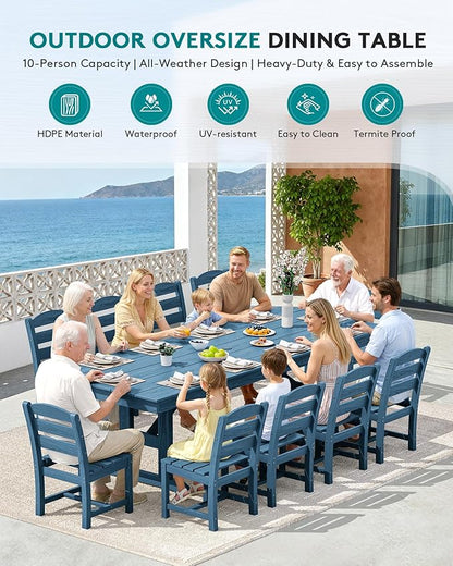 SERWALL 11 Piece Outdoor Dining Set, 84" HDPE Outdoor Table and Chairs for 10，All Weather Patio Furniture Set with Umbrella Hole for Backyard, Garden, Blue
