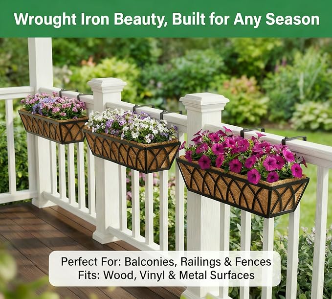 Y&M Planter, 24in Metal Box with Coco Liner, Indoor Outdoor Window/Railing Planter, 2pcs, Black