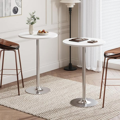 Flamaker Round Bistro Pub Table Modern Style Metal Base MDF Top Cocktail Bar Table Counter Bar Height for Pub, Dining Room, Party (1, White-Silver)
