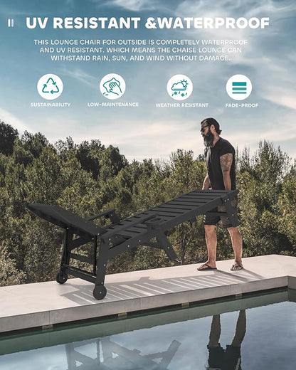 SERWALL Patio Chaise Lounge Chair Set of 2, 78'' Long 5-Positions Adjustable HDPE Outdoor Lounger for Pool, Poly Lounge Chair with Rolling Wheels & Cup Holder for Poolside, Deck, Black