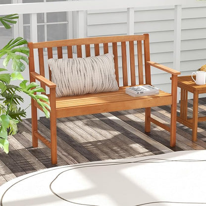 Tangkula Outdoor Garden Bench, 2-Person Eucalyptus Wood Bench with Backrest, Armrests and Slatted Seat, Patio Garden Bench for Yard, Porch, 800 lbs Capacity, Natural
