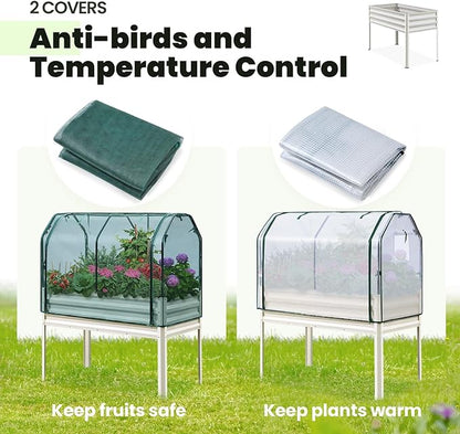 KING BIRD Raised Garden Bed with Cover & Netting Galvanized Elevated Large Planter Box with Legs for Backyard, Patio, Balcony, 400lb Capacity, Beige, 48×24×56 in