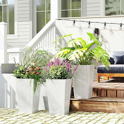 Outsunny Tall Planters for Outdoor Plants Set of 3, 24 in Taper Planters with Drainage Holes, Rattan Decor Plant Pots for Indoor Outdoor Front Porch Patio Backyard, White