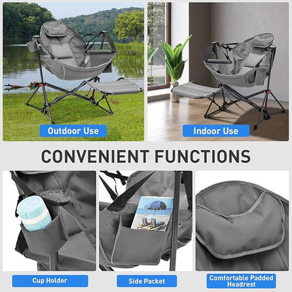 Ainfox Hammock Camping Chair with Footrest, Foldable Portable Rocking Chairs for Adults Outside Swinging Camp with Cup Holder Pillow for Outdoor Patio Poolside (Light Grey)