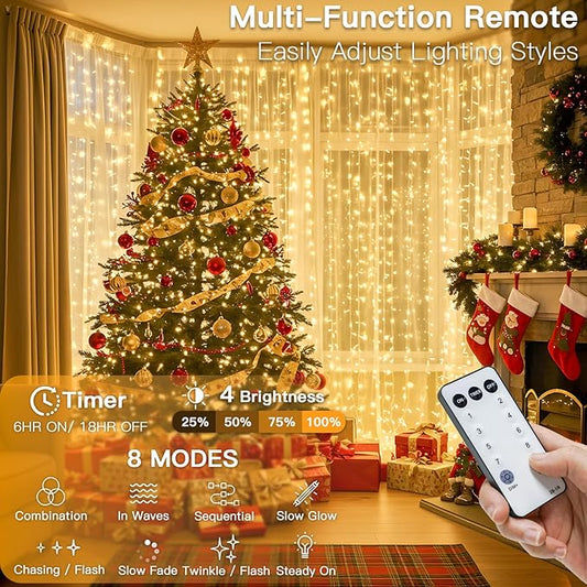 String Curtain Lights, 600 LED Warm White, 19.6 x 9.8 ft