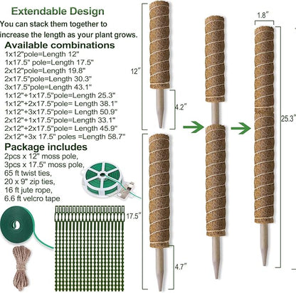 Moss Pole 58.7 Inch - Monstera Plant Support 5 Pack, 17.5" and 12" Plant Stakes for Indoor Plants Coco Coir Moss Pole Sticks for Climbing Potted Live Plants, Pothos, Philodendron