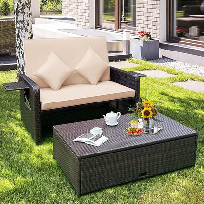 HAPPYGRILL Patio Rattan Wicker Daybed with Loveseat & Storage Ottoman, Outdoor Lounge Sofa Furniture Set with Adjustable Backrest & Side Trays, for Poolside Deck Porch Lawn (Mix Brown & Beige)