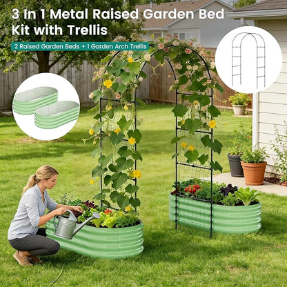 DoCred 3 in 1 Raised Garden Bed with 87in Tall Arch Trellis for Climbing Plants, Galvanized Planter Garden Box Outdoor for Gardening, Climbing Vegetables, Flower, Green