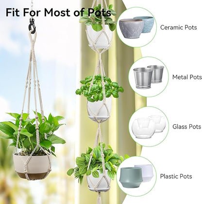 USLAI Macrame Plant Hanger Indoor Outdoor, Fits 4 to 15 Inch Pots, Strong Hanging Planter Holder, Boho Home Decor, 72+35 Inch, Ivory (POTS NOT Included)