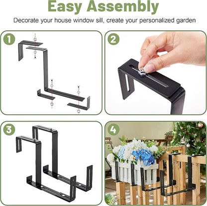 4 Pack Window Box Brackets, No Drill Adjustable Planter Box Brackets, Heavy Duty Deck Railing Planter Holders, Black Metal Flower Pot Hangers for Outdoor Gardens Balconies