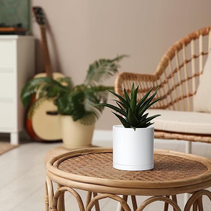 Planter Pots Set of 4, 5 Inch White Matte Plastic with Saucers