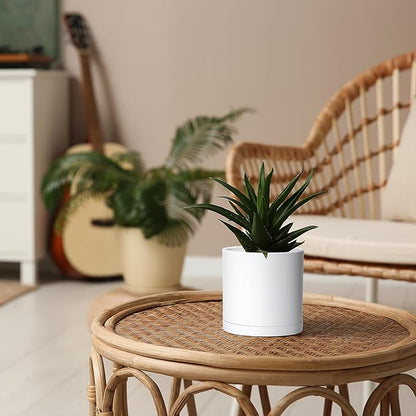 Planter Pots Set of 4, 5 Inch White Matte Plastic with Saucers