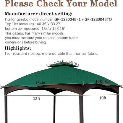 SCOCANOPY Forest Green Ripstop Replacement Top Fit for Lowe's Allen Roth 10X12 Gazebo Model #GF-12S004B-1/ GF-12S004BTO