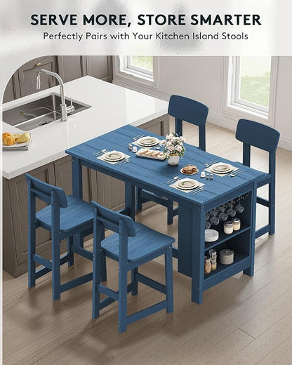 SERWALL Outdoor Bar Table and Chairs Set, 5-Piece HDPE Counter Height Patio Dining Sets with Storage and Wine Rack, Rectangular High Top Bar Table with 4 Bar Stools for Garden, Backyard, Blue