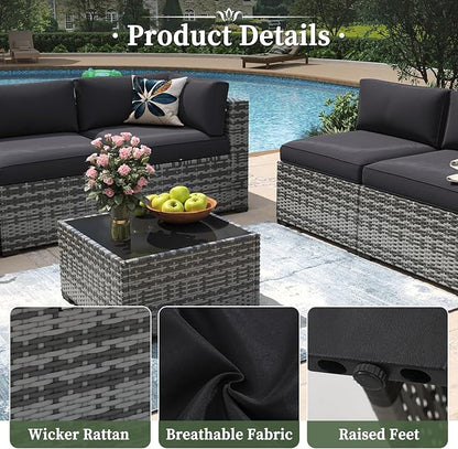 Aoxun 15 Piece Patio Furniture Set with Fire Pit Table Wicker Rattan Outdoor Sectional Sofa Set with Coffee Table and 4” Thickened Cushions, Grey/Black (Waterproof Cover Included)