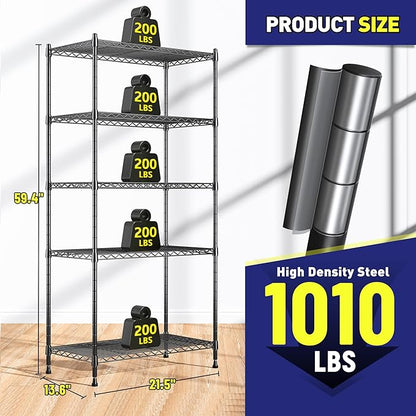 5-Tier Shelf 1010LBS Storage Shelves Adjustable Wire Shelving Metal Shelving Unit Storage Rack for Kitchen Pantry Closet Laundry School Commercial 59.4" Hx21.5 W x13.6 D