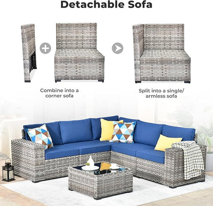 ovios 6 Pieces Patio Furniture Set, Outdoor Wicker Sectional Sofa with Glass Table Comfy Cushions, Modern Modular Deep Seat Couch Rattan Conversation Set, Navy Blue