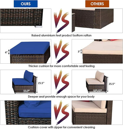 Tangkula 5 Pieces Patio Rattan Furniture Set, Outdoor Sectional Rattan Sofa Set with Back & Seat Cushions, Wicker Conversation Set with Tempered Glass Table for Backyard Porch Garden Poolside (Navy)