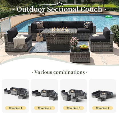 Aoxun 8 Piece Patio Furniture Set with 44'' Fire Pit Table Wicker Rattan Patio Conversation Set Outdoor Sectional Sofa Set with Coffee Table, Grey/Black (Waterproof Cover Included)