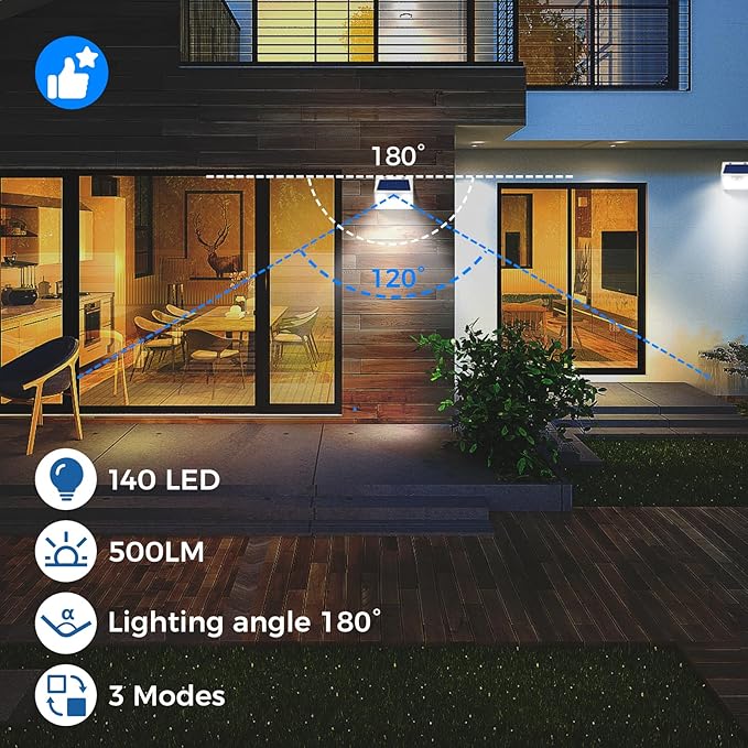 Peasur 16Pack Solar Motion Sensor Lights Outdoor Waterproof, 140LED 3 Modes Ultra-Bright Solar Powered Fence Lights, Security Wall Light for Outside Garden Yard Deck Stair Step
