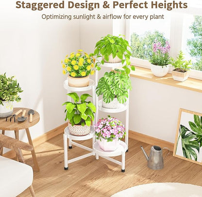 LASZOLA 5 Tiered Folding Tall Plant Stand Indoor for Multiple Large Planter, Heavy Duty Metal Adjustable Flower Rack for Narrow Corner, Sturdy Vertical Spiral Shelving Holder for Modern House, White