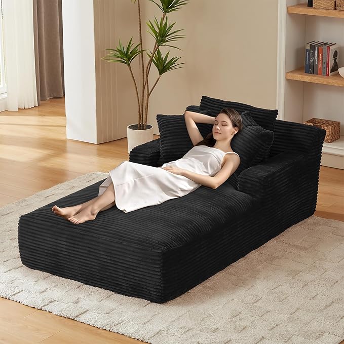80 Inch Chaise Lounge Chair Indoor, Oversized Corduroy Upholstered Boneless Sofa Bed, Deep Seat Sleeper Couch Reading Chairs, Cloud Sofas Couches for Living Room, No Assembly Required (Black)