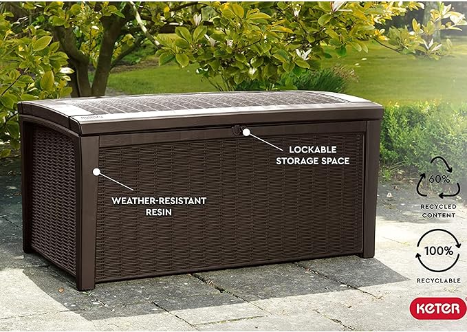 Deck Box, 110-Gallon Brown Resin Storage with Lockable Lid