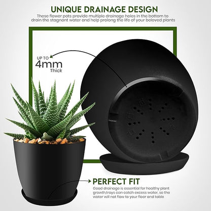 Utopia Home - Plant Pots Indoor with Drainage - 7/6.6/6/5.3/4.8 Inches Flower Pots for Indoor Planter - 5 Pack Plastic Planters - Ideal for Stocking Stuffers or Home Christmas Decorations - Black