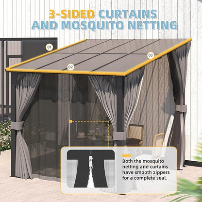 AECOJOY 8' X 8' Gazebo for Patio, Small Wall-Mounted Lean to Pergola 8x8 Gazebo with Curtains and Netting, Hard Top Gazebo on Clearance for Lawn Backyard Garden Deck