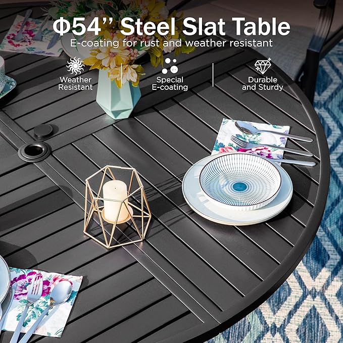 PHI VILLA 7 Pieces Outdoor Dining Set for 6, 54" Round Black Metal Table with Umbrella Hole & Wrought Iron Chairs, Large Outside Furniture with Blue Cushions & Pillows for Patio, Deck, Porch