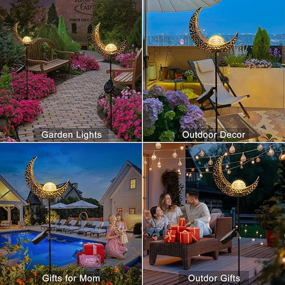 2Pack Moon Garden Gifts Solar Lights Outdoor Stakes Waterproof, Gifts for Mom, Crackle Glass Backyard Decor Balcony Lawn Ornaments, for Women Men Grandma (Bronze)
