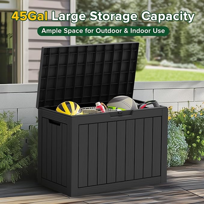 Outdoor Storage Box, 45 Gallon Resin Patio Deck Box with Lock, Black